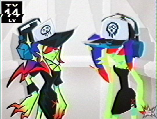 an abstract painting of two women with headphones on their ears and one wearing a hat