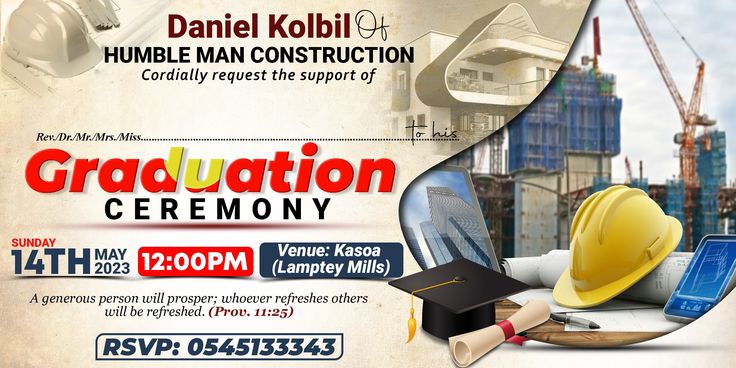 an advertisement for a graduation ceremony with hard hats, laptops and other construction related items