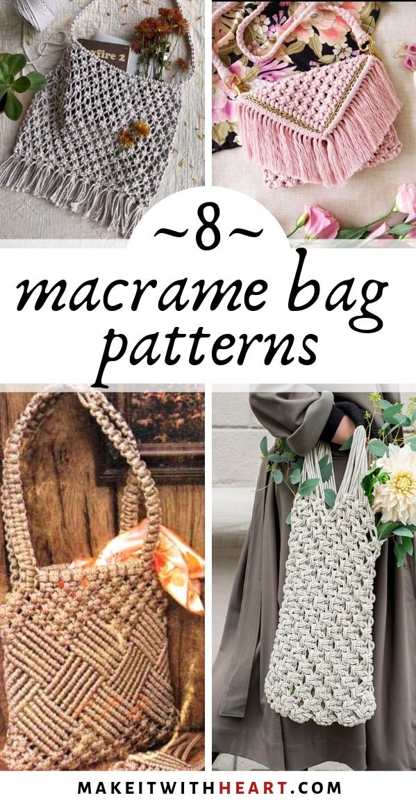 crochet bags with text overlay that says 8 macrame bag patterns