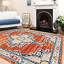 a living room with a fireplace and rugs on the floor