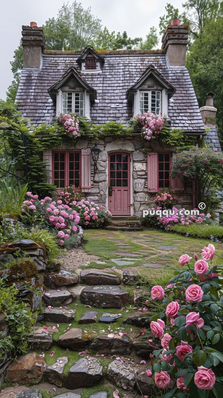 an old stone house with pink roses in the front yard and steps leading up to it