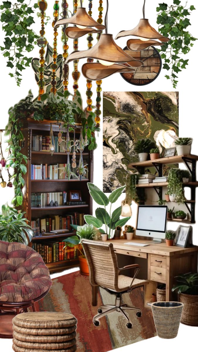 a room filled with lots of plants next to a desk and bookshelf in front of a book shelf