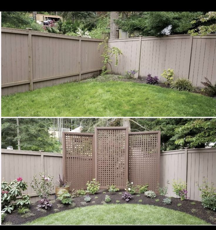 two pictures side by side of a fence with flowers and grass in the middle, one is