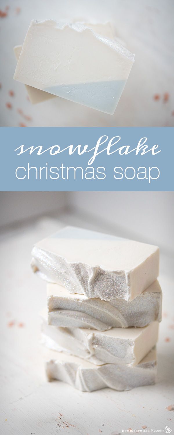 three soap bars stacked on top of each other with the words snowflake christmas soap