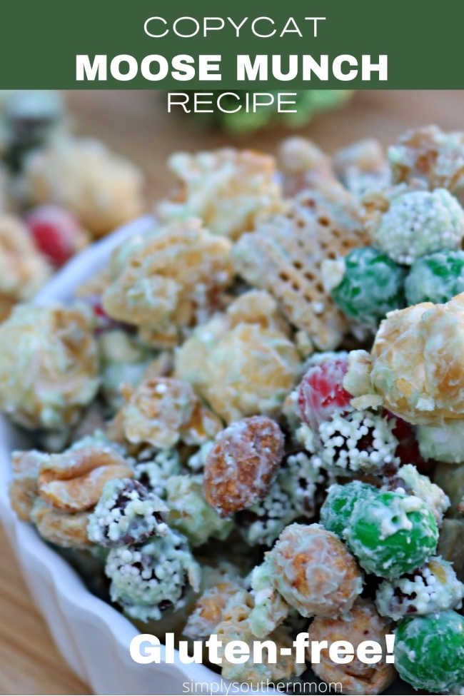 a close up of a bowl of cereal with the words copycat moose munch recipe