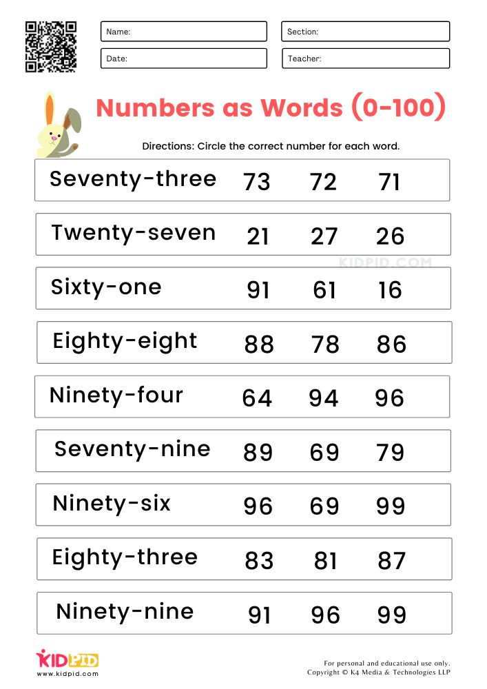 the numbers as words worksheet for children to learn how to read and write