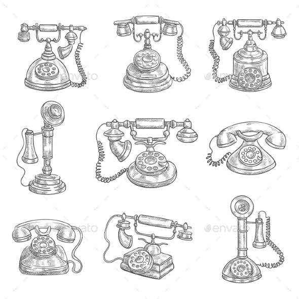 an image of old telephones drawn in pencil