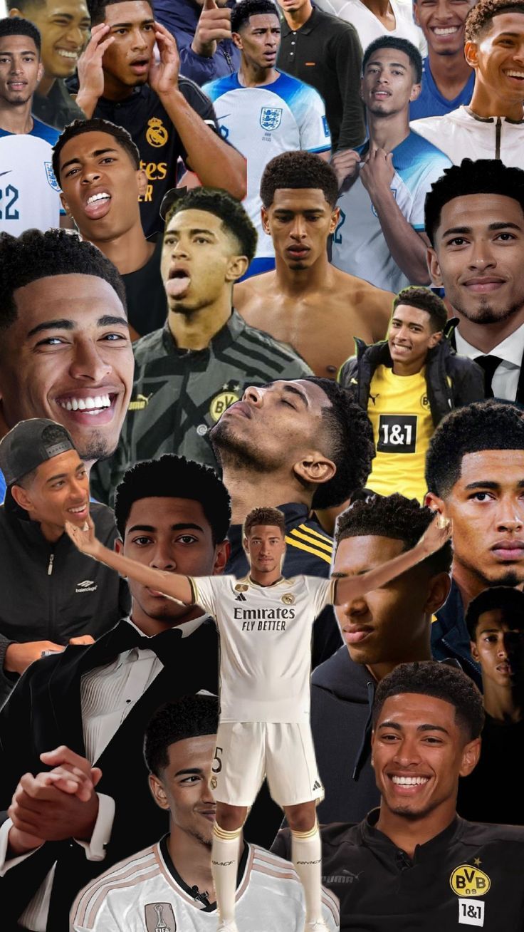 the collage shows many different soccer players and their team names, including one man with his head in the air