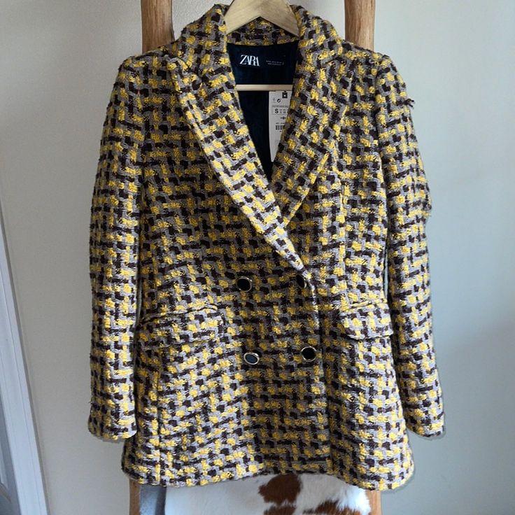 Small Zara Jackets, Pea Coats, Yellow And Brown, Colored Blazer, Jackets & Coats, Zara, Blazer, Yellow, Women Shopping