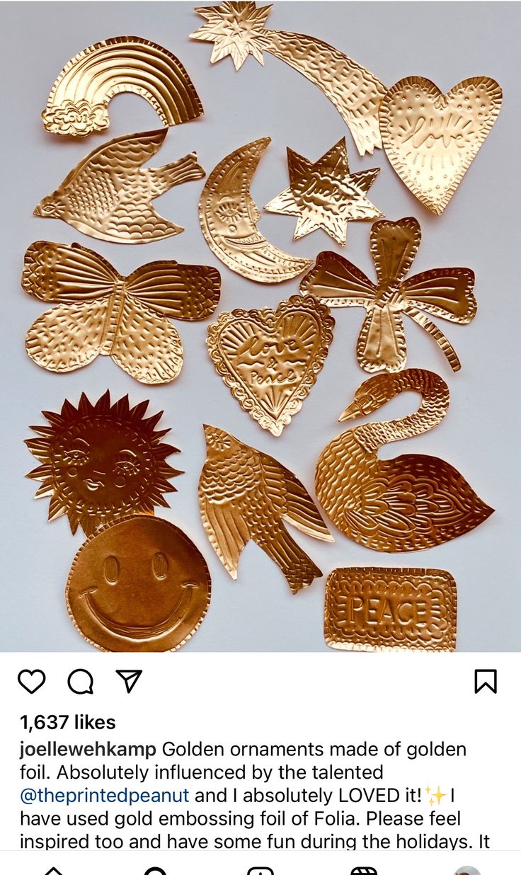 some very pretty gold metal items on a white table with an instagram post about them