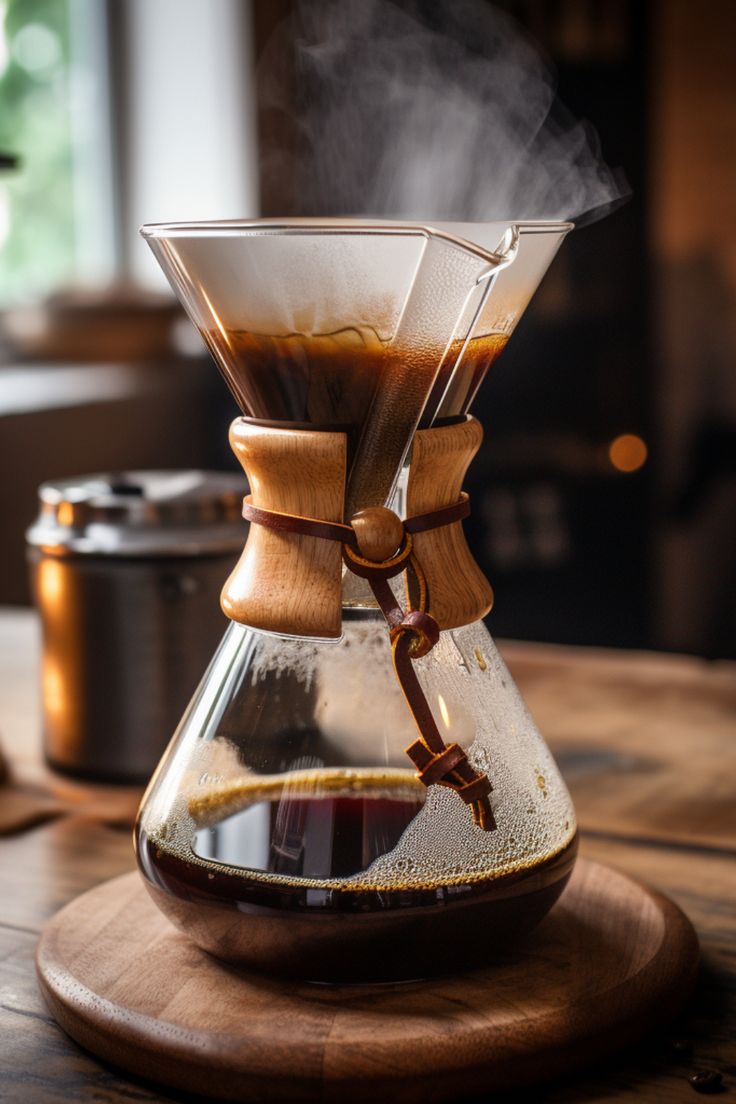 an espresso maker with steam coming out of it on top of a wooden table