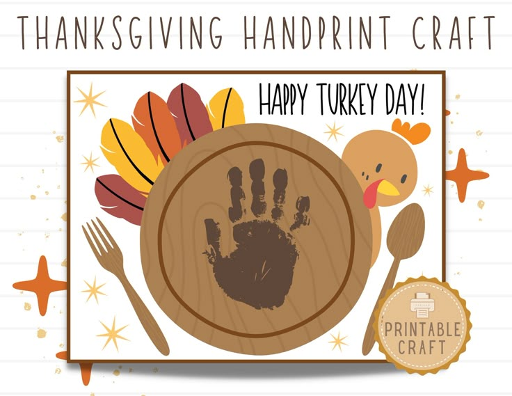 thanksgiving handprint craft kit with turkey and leaves on it, including a fork and spoon