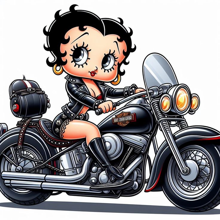 a cartoon girl riding on the back of a motorcycle