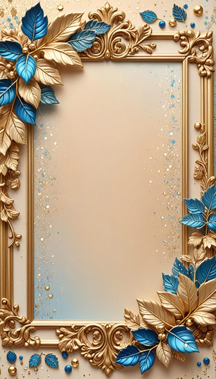 an ornate gold frame with blue flowers and leaves