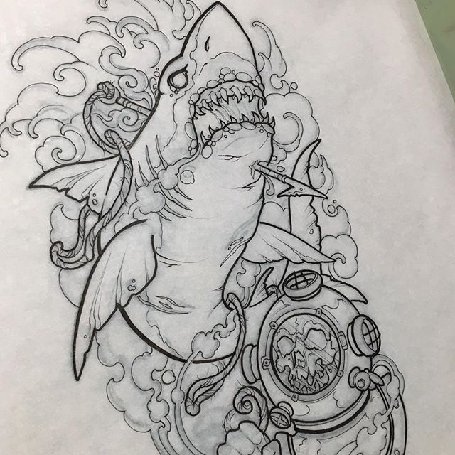 a drawing of a shark with a clock in its mouth