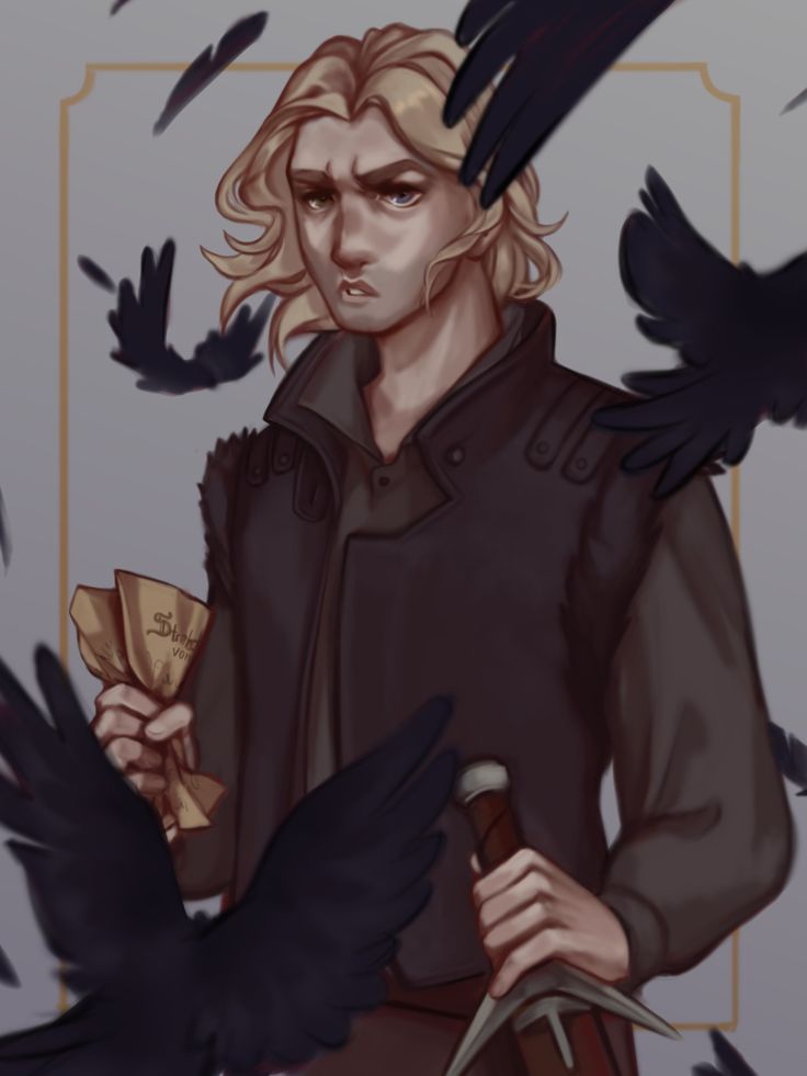 a drawing of a man with two crows on his shoulder and one crow in the other hand