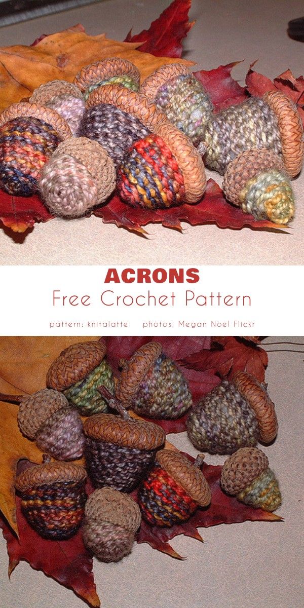 two pictures of acorns sitting on top of leaves with the words acorn's free crochet pattern