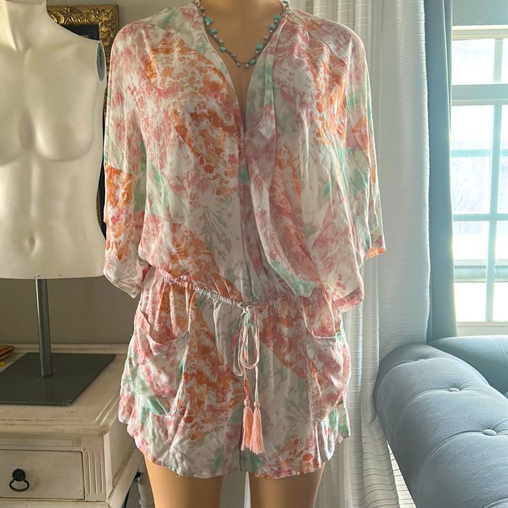 Nwt Fate Shorts Romper. Brand New. Necklace Included Casual Orange Jumpsuits And Rompers For Spring, Orange Shorts For Loungewear In Spring, Orange Shorts For Spring Loungewear, Orange Jumpsuits And Rompers For Spring Loungewear, Spring Orange Jumpsuits And Rompers For Loungewear, Orange Jumpsuit For Spring Loungewear, Spring Orange Jumpsuit For Loungewear, Tropical Romper, Tie Dye Sweats