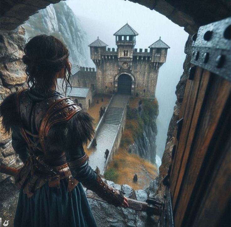 a woman standing on top of a cliff next to a castle