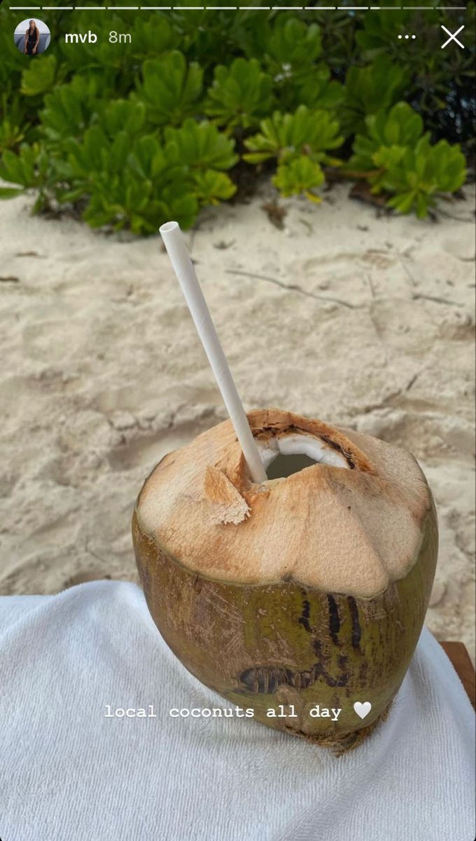 a coconut drink with a straw in it is sitting on a towel next to some plants