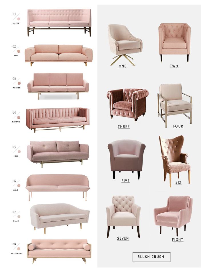 the different types of sofas and chairs are shown in pink, beige, and white