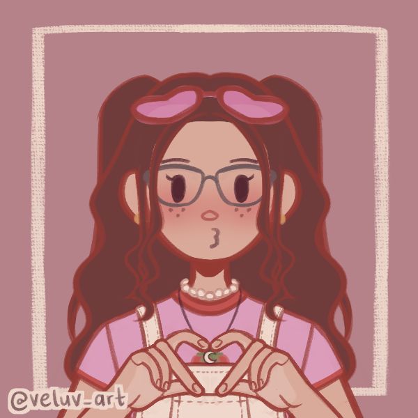 a drawing of a girl with glasses making a heart shape on her hands and holding a purse