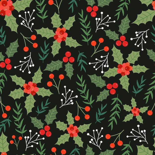 holly and berries on black background with red berries, green leaves and snowflakes