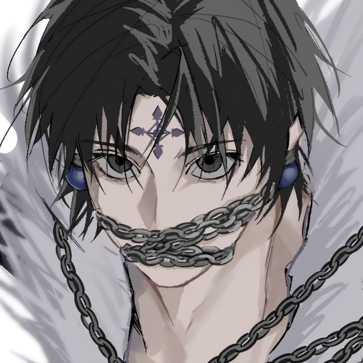 an anime character with chains around his neck and eyes covered in black hair, staring at the camera