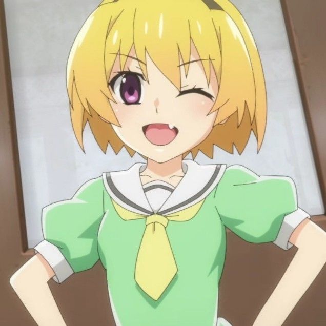 an anime character with blonde hair wearing a green shirt and yellow tie, standing in front of a window