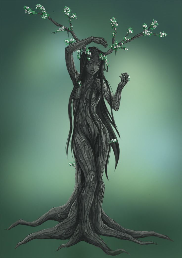 a drawing of a woman standing in front of a tree with long hair and horns