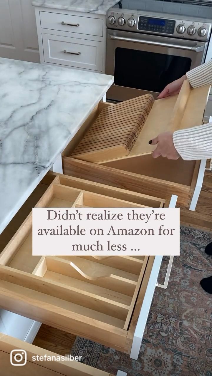 an open drawer in a kitchen with the words, didn't realize they're available on amazon for much less