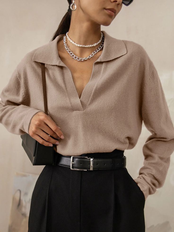 Details Composition: 49.3% Viscose, 27.7% Polyester, 23% Nylon Design: Plain Style: Casual, Elegant Thickness: Regular Material: Knit Occasion: Leisure Size & Fit Stretch: High Stretch Fit Type: Shift Cm Inch Size Length Shoulder Bust Sleeve XS 60.5 40 100 58 S 62 41.5 104 59 M 63.5 43 108 60 L 65 45 114 61 XL 66.5 Chic V-neck Polo Sweater For Fall, Chic V-neck Knit Top With Seamless Collar, Elegant V-neck Polo Sweater For Fall, Versatile Workwear Sweater, Chic Collared Winter Sweater, Elegant Collared Winter Sweater, V-neck Polo Sweater For Workwear In Winter, Spring Workwear Sweater With Collar, Long Sleeve Sweater With Seamless Collar For Work