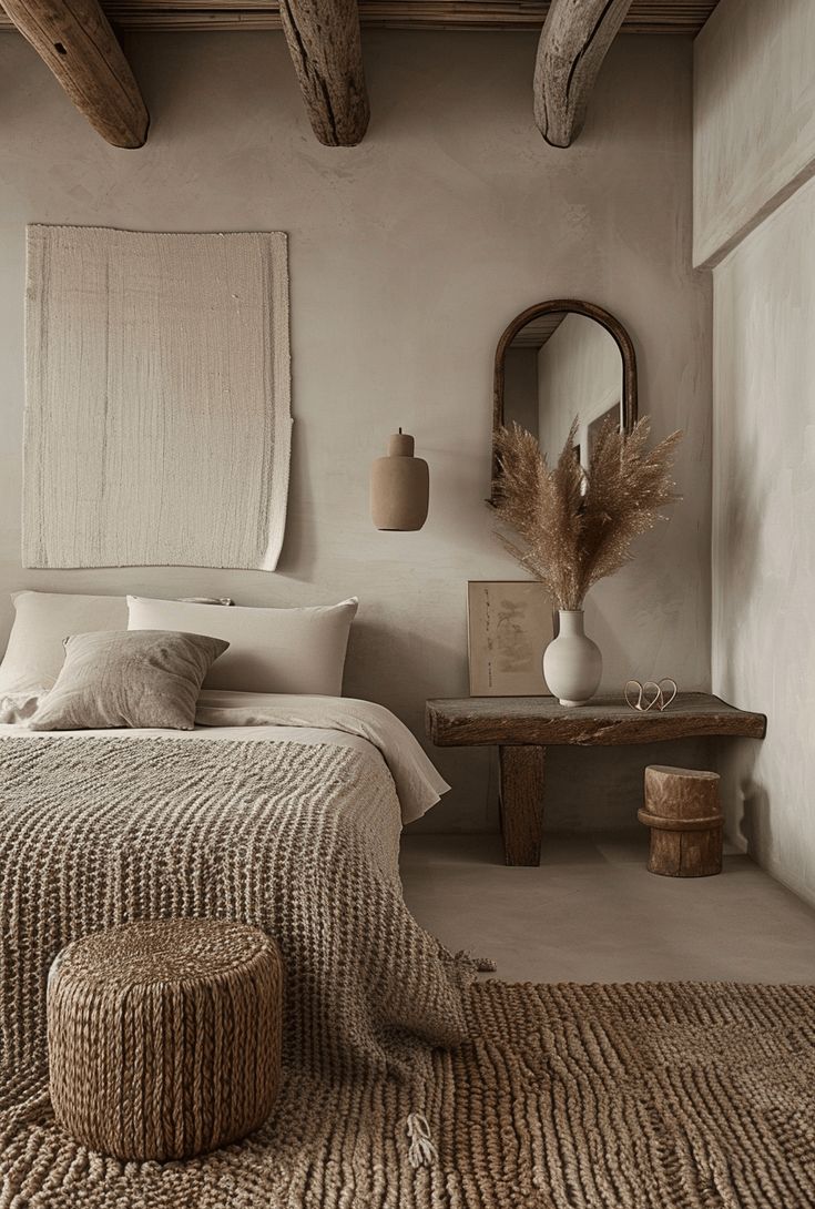 a large bed in a bedroom next to a wooden bench and mirror on the wall