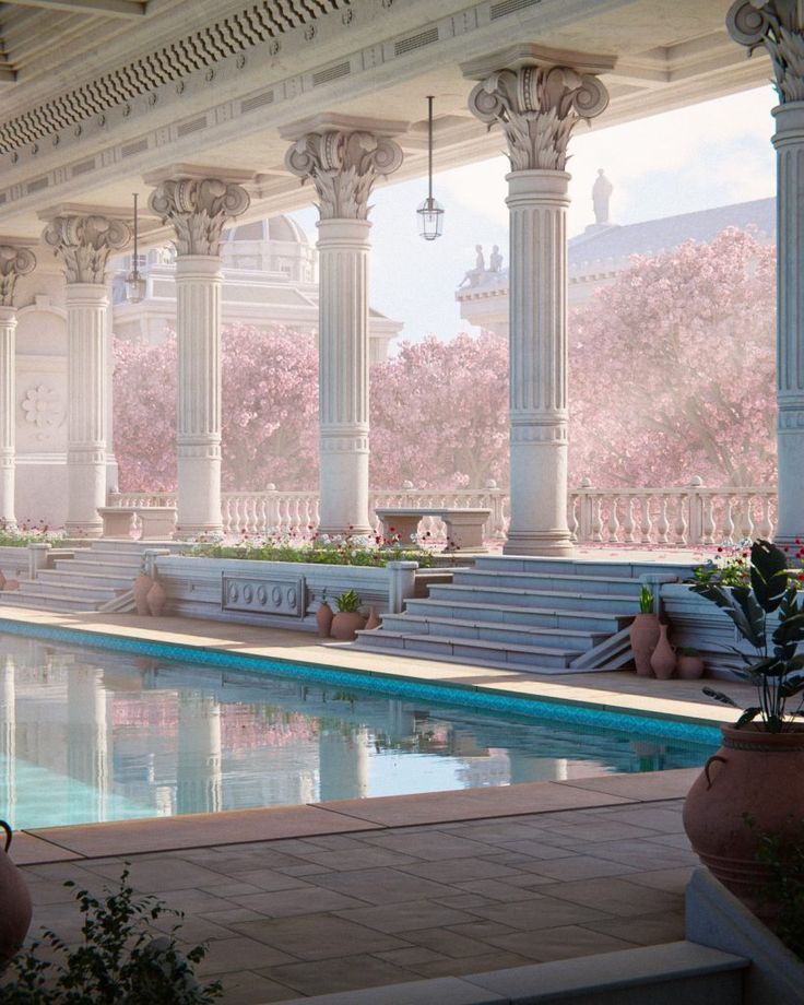 an outdoor swimming pool with steps leading to it and potted plants in the foreground