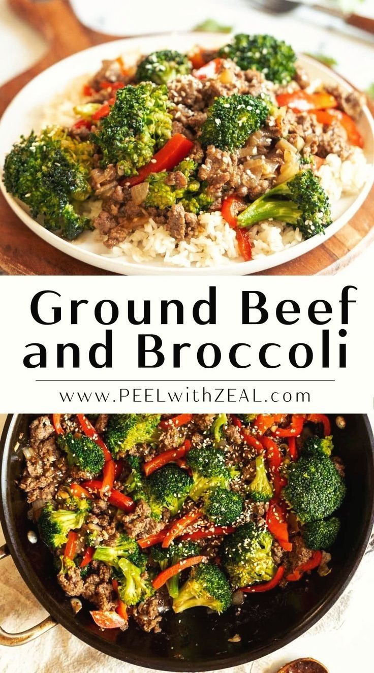 ground beef and broccoli in a skillet on a table with other dishes