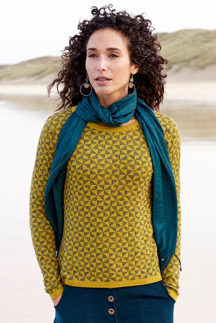 This Merino wool blend jumper showcases our exclusive jacquard kite knit, and will add a touch of luxury to your everyday wardrobe. Crafted from a mix of cruelty free Merino wool and cotton it will keep you snug, whilst the fitted shape ensures a flattering silhouette. Wear with plain trousers or our button through cord skirt.  #knitwear #slowfashion #sustainablefashion Cord Skirt, Fair Trade Clothing, Fitted Jumper, Wool Jumper, Jacquard Knit, Basic Outfits, Knitted Jumper, Everyday Wardrobe, Shirt Accessories