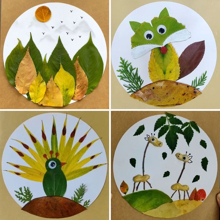 four different pictures of leaves and birds on paper plates with eyes, nose, mouth