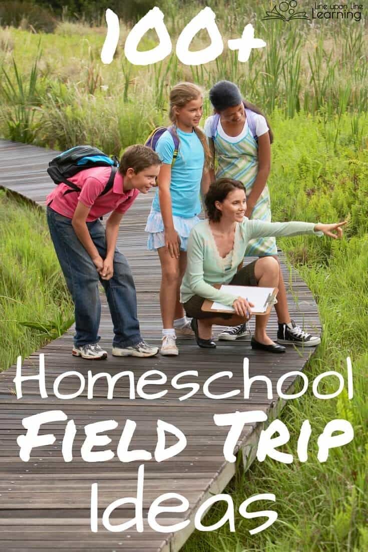 a group of kids standing on a wooden bridge with the words homeschool field trip ideas