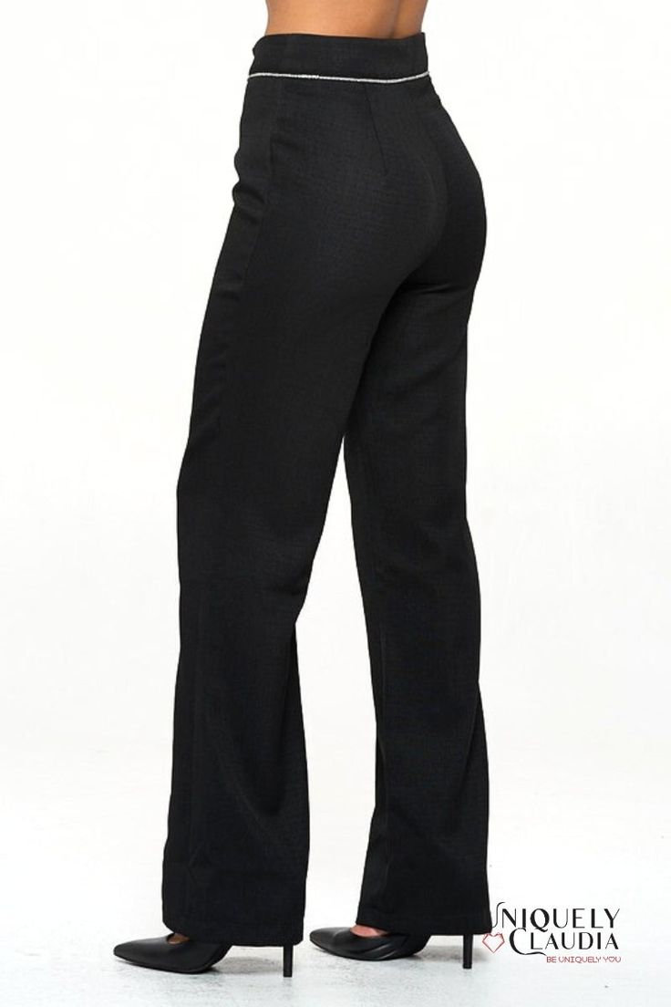 Introducing the Maddie Embellished BlackPants, a captivating fusion of grace and style that redefines sophistication. These pants boast a sleek and modern straight cut with a subtle flare at the bottom, effortlessly complementing your silhouette while exuding an air of understated elegance. The Maddie pants offer versatility without compromising on luxury. The embellished waistline is the epitome of refined detail, featuring exquisite craftsmanship that elevates these pants to a league of their Elegant Stretch Wide-leg Pants, Elegant Wide Leg Stretch Dress Pants, Elegant Flare Bottoms For Night Out, Elegant Black Flare Bottoms, Elegant Stretch Wide-leg Dress Pants, Elegant Flare Bottoms For Fall, Black Flare Wide Leg Pants For Business Casual, Elegant Flared Bottoms For Evening, Elegant Stretch Flare Pants