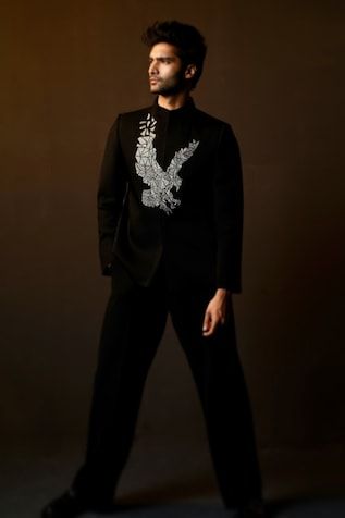 Black full sleeve bandhgala with silver cutdana placement embroidery and band collared neckline. Paired with pant. - Aza Fashions Italian Embroidery, Man Wear, Placement Embroidery, Indian Men Fashion, Designer Party Wear Dresses, Men's Wear, Band Collar, Party Wear Dresses, Designer Clothes For Men