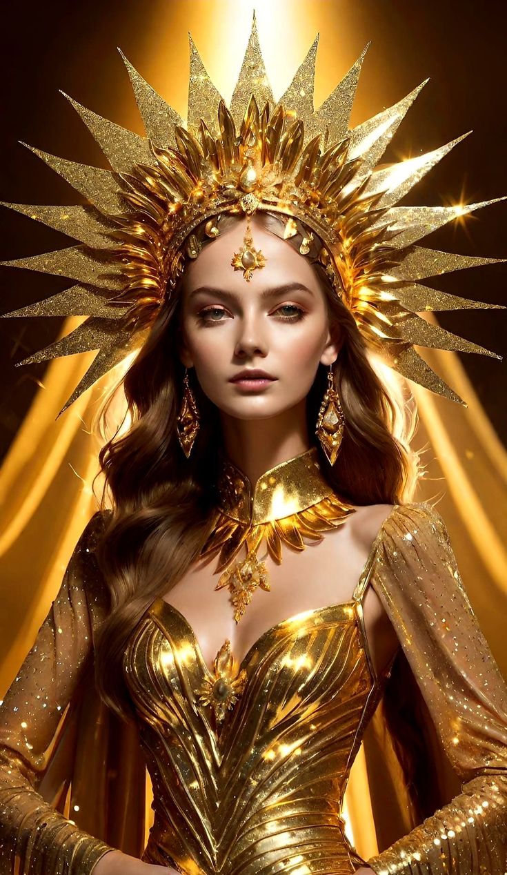 a woman dressed in gold is standing with her hands on her hips and wearing an elaborate headpiece