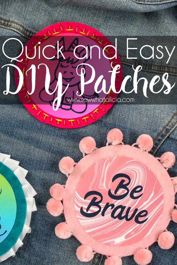 two badges with the words quick and easy diy patches on them in front of a pair of jeans