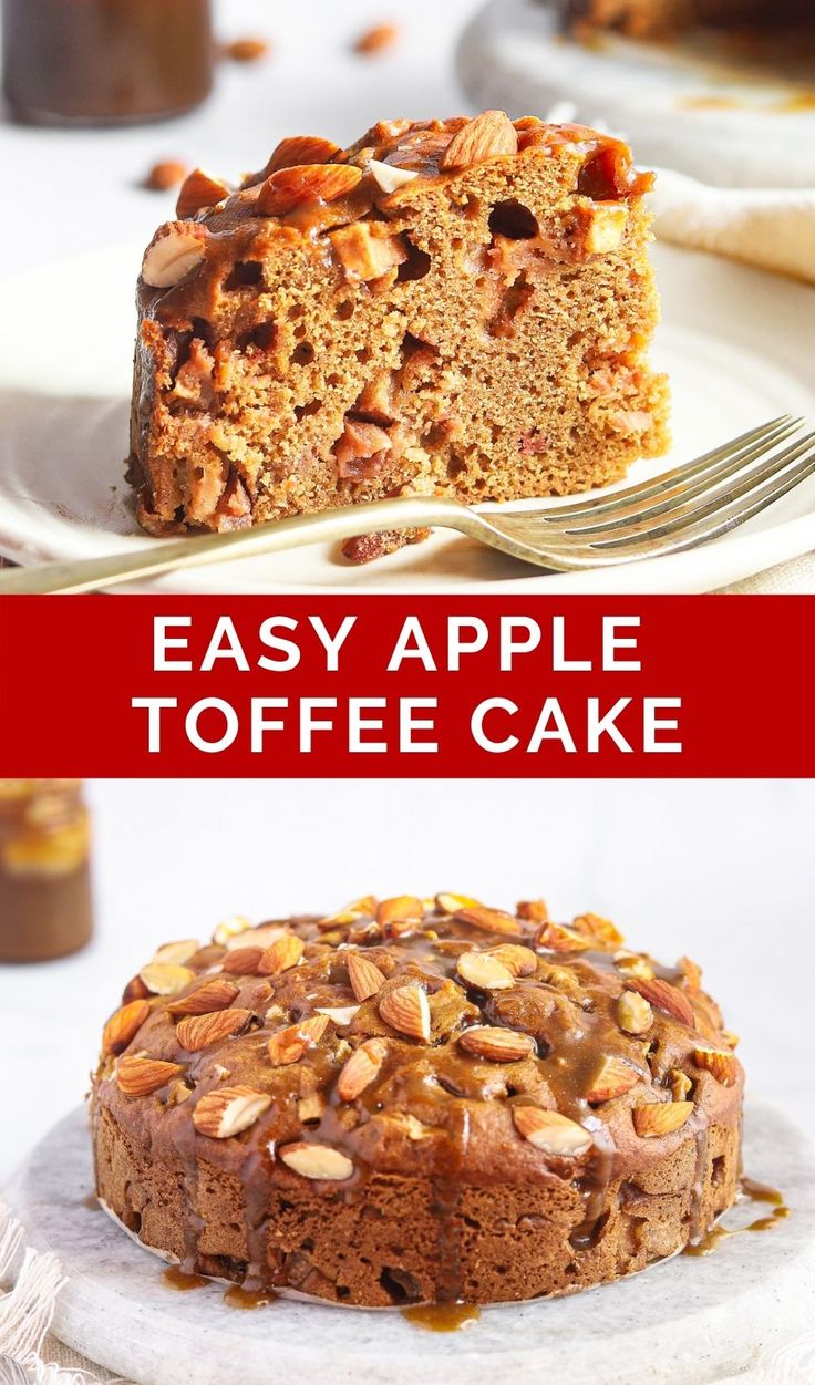 an easy apple toffee cake with nuts and caramel on top is ready to be eaten