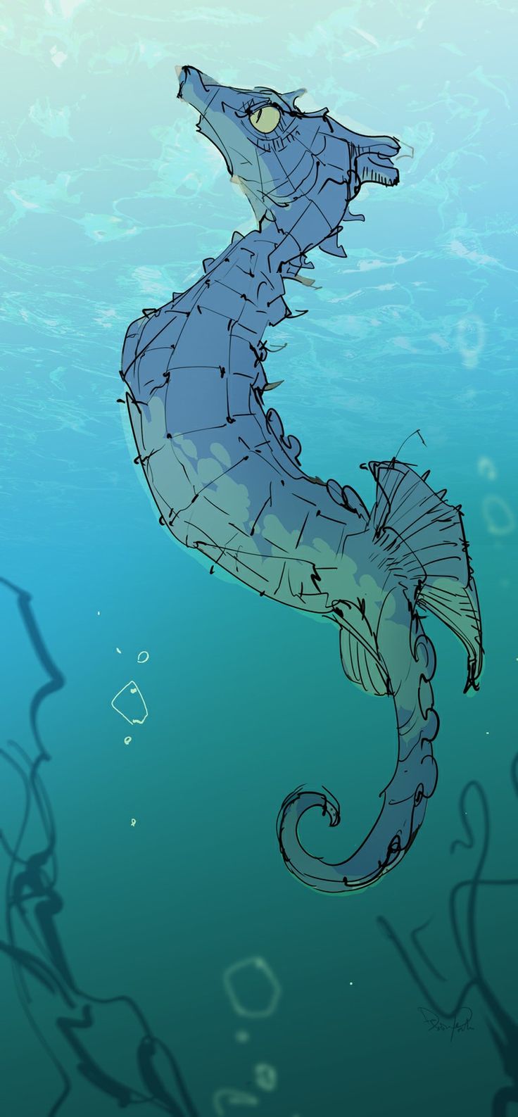 a drawing of a sea horse in the water