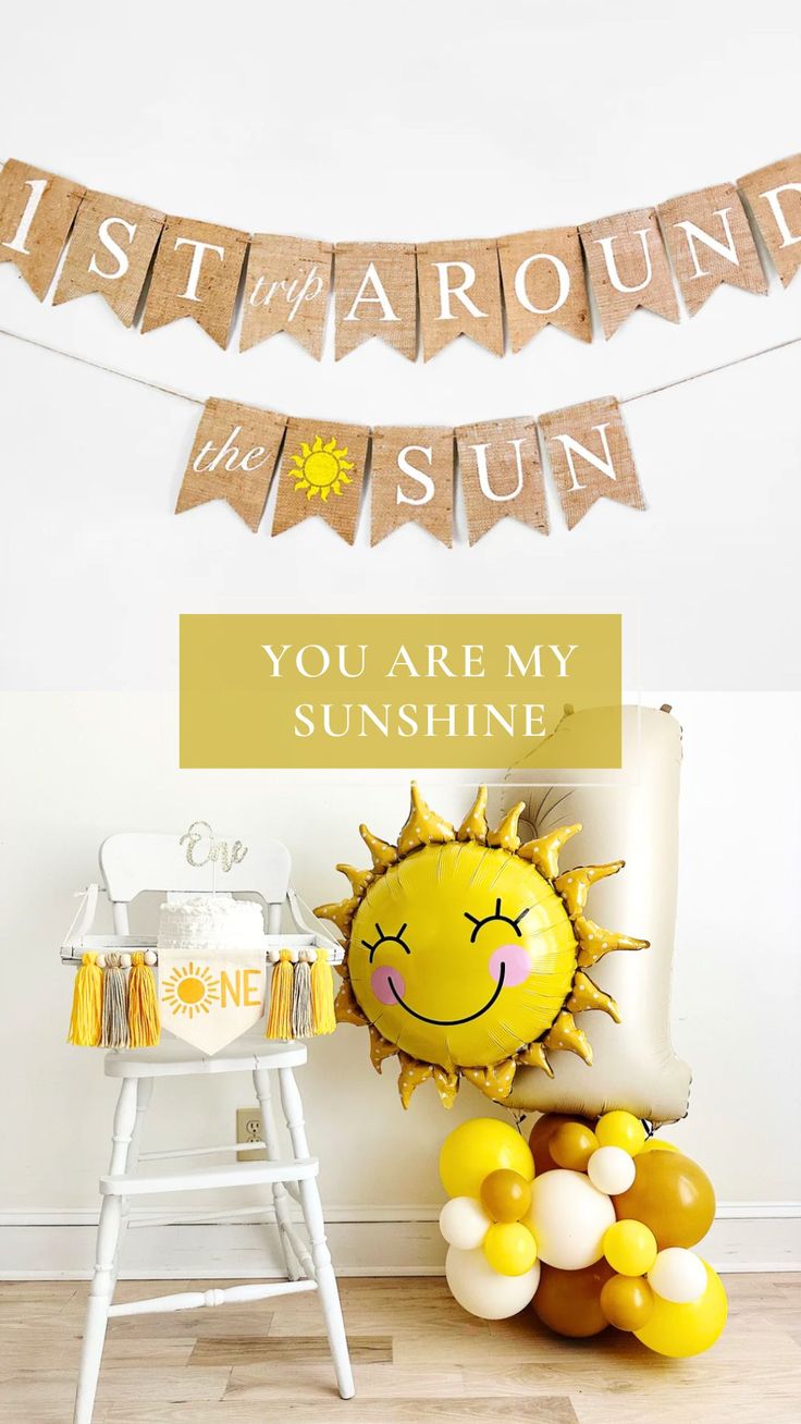 Brighten up your celebration with sunshine and smiles! ☀️ Our Sunshine 1st Birthday party theme is guaranteed to add a ray of joy to your little one's special day. From radiant balloons to cheerful banners, celebrate their first trip around the sun in style!      #SunshineParty #SunBalloons #YellowParty #FirstTripAroundtheSun First Trip Around The Sun Birthday Photoshoot, 1st Trip Around The Sun Birthday Cake Smash, Son Shine Birthday Theme, Sunshine Theme First Birthday Party, First Trip Around The Sun Birthday, Sun Birthday Party Theme, First Trip Around The Sun Birthday Party, Sun Themed Birthday Party, Sun 1st Birthday Party