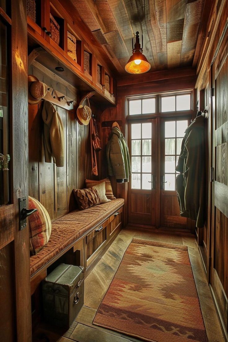 a room with wooden walls and lots of coats hanging on the wall, along with a bench