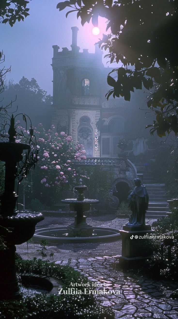 a large building with a fountain in front of it on a foggy day at night