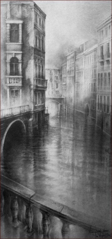 a drawing of a canal with buildings in the background