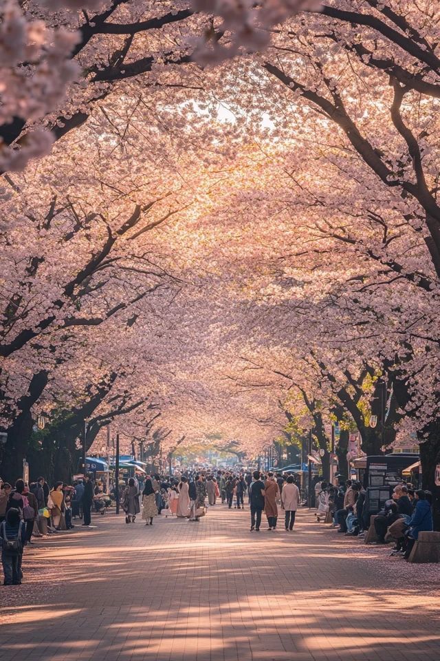 people are walking down the street under cherry blossom trees