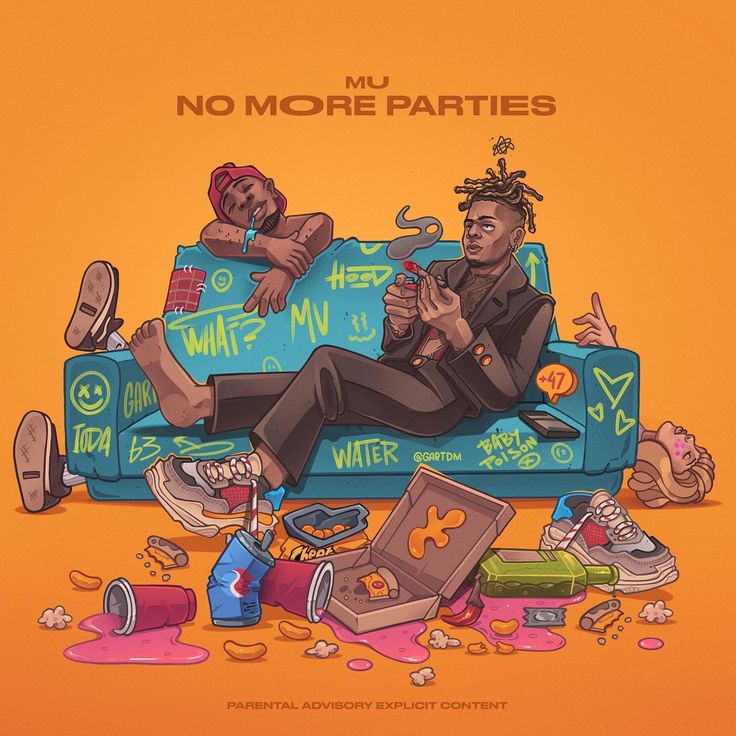 the album cover for no more parties, featuring two men sitting on a couch surrounded by trash